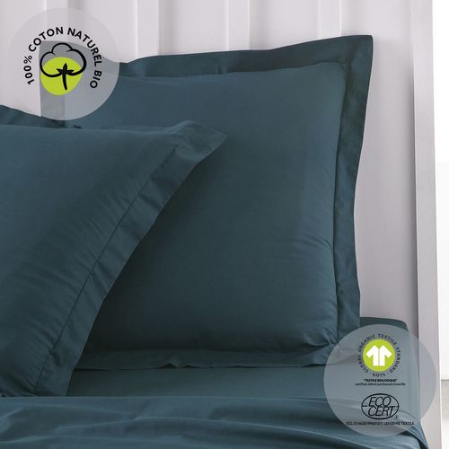 Taie D'oreiller Carrée à Volant Plat - 100% Coton Bio - 63 X 63 Cm - Bleu Paon