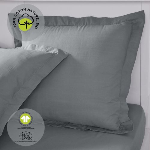 Taie D'oreiller Carrée à Volant Plat - 100% Coton Bio - 63 X 63 Cm - Gris Acier