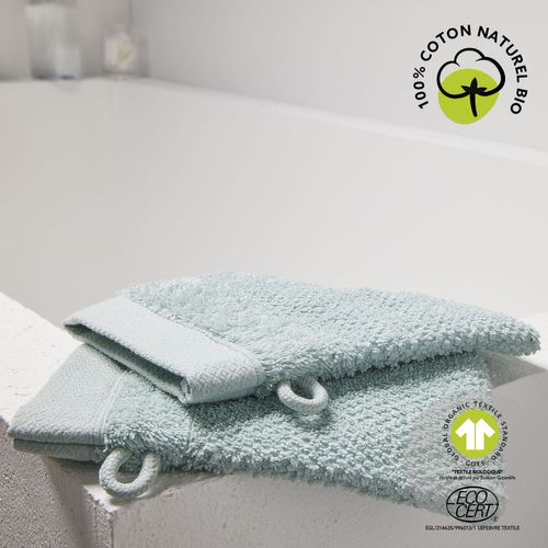 Lot De 2 Gants De Toilette - 100% Coton Bio - Vert Céladon