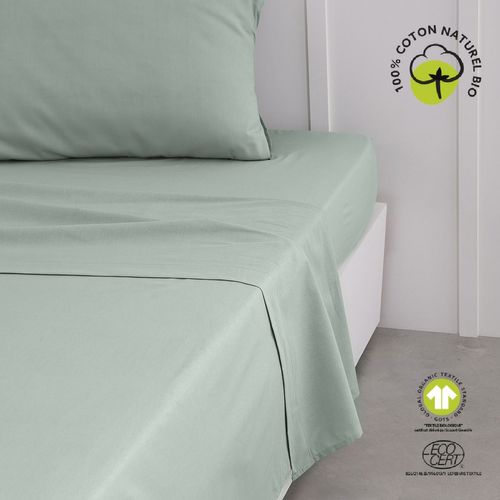 Drap Plat - 100% Coton Bio - 300 X 240 Cm - Vert Céladon