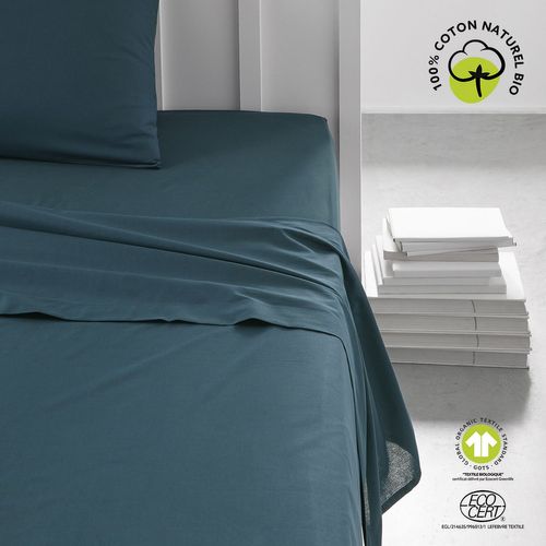 Drap Plat - 100% Coton Bio - 180 X 290 Cm - Bleu Paon