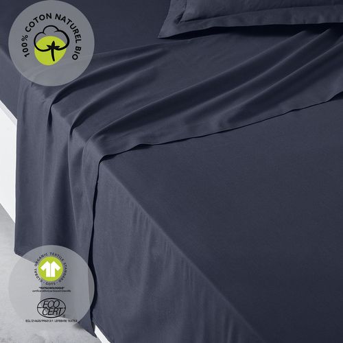 Drap Plat - 100% Coton Bio - 180 X 290 Cm - Bleu Navy