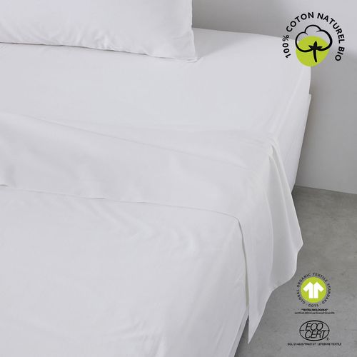 Drap Plat - 100% Coton Bio - 180 X 290 Cm - Blanc Craie