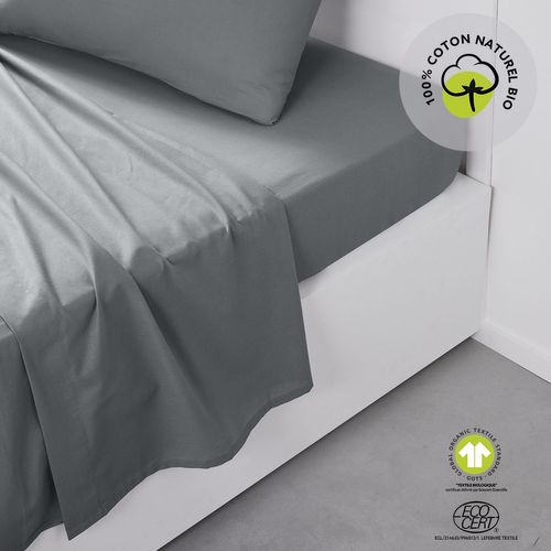 Drap Plat - 100% Coton Bio - 180 X 290 Cm - Gris Acier