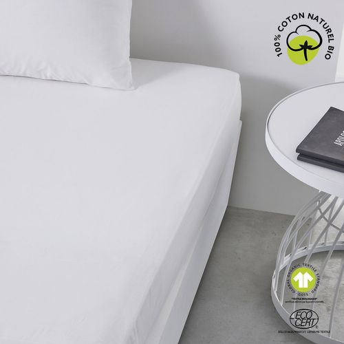 Drap Housse 2 Places - 100% Coton Bio - 180 X 200 Cm - Blanc Craie