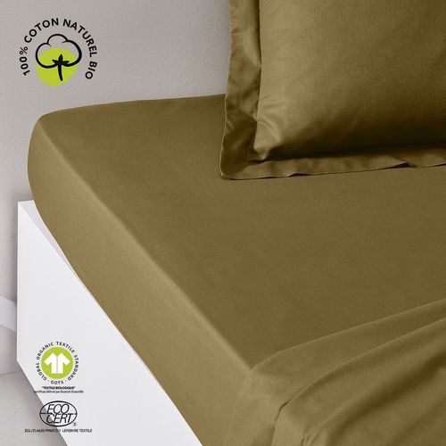 Drap Housse 2 Places - 100% Coton Bio - 140 X 200 Cm - Marron Bronze