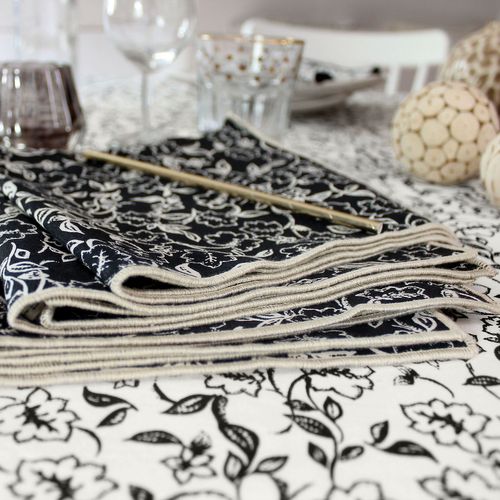 Lot De 4 Serviettes De Table Noires Avec Lignes Écrues Linette - 40 X 40 Cm