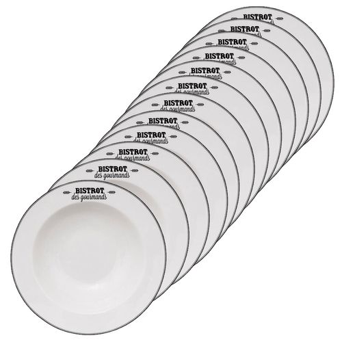 Lot De 12 Assiettes à Pâtes "bistrot Des Gourmands" - Blanc