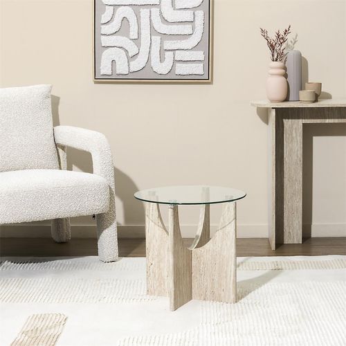 Table D'appoint Ronde Effet Travertin Et Verre Pietra - Beige