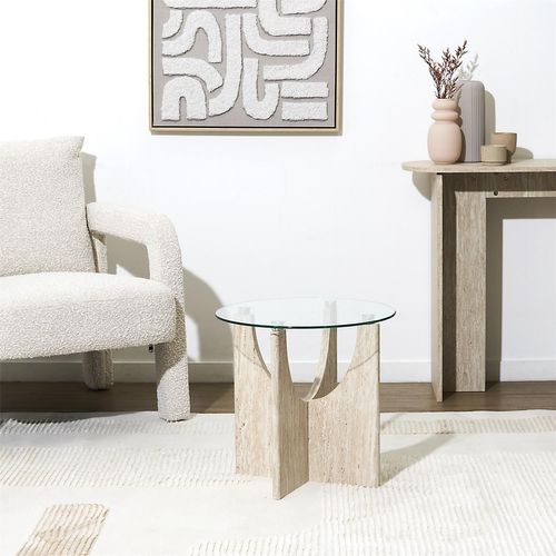 Table D'appoint Ronde Effet Travertin Et Verre Pietra - Beige