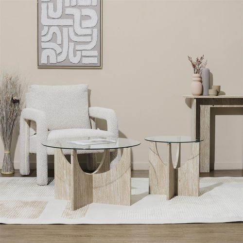 Table Basse Ronde Effet Travertin Et Verre Pietra - Beige