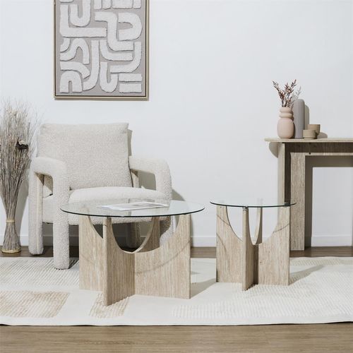 Table Basse Ronde Effet Travertin Et Verre Pietra - Beige