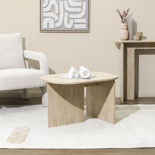 Table Basse Ovale Effet Travertin Pietra - Beige