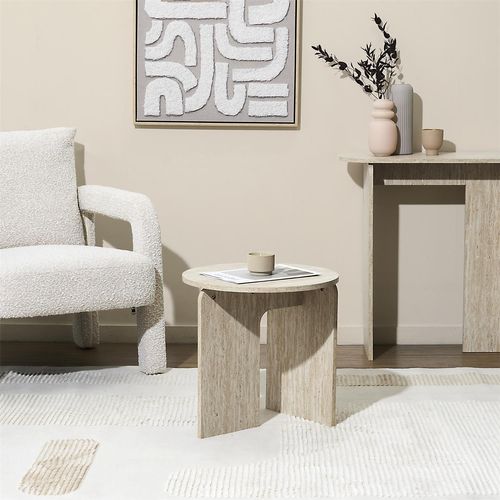 Table D'appoint Ronde Effet Travertin Pietra - D.45 Cm - Beige