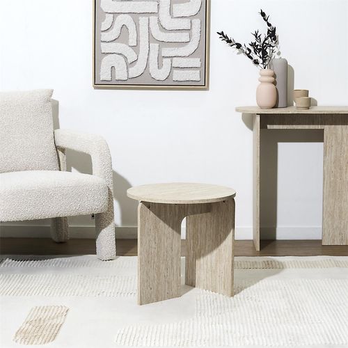 Table D'appoint Ronde Effet Travertin Pietra - D.45 Cm - Beige