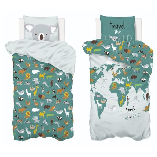 Parure De Couette 140 X 200 "carte Monde" Réversible 100% Coton / 57 Fils/cm²