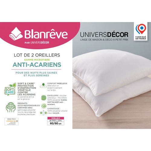 Lot De 2 Oreillers 60 X 60 Cm Blanrêve Gamme "douceur" Traité Anti Acarien Soft et Care