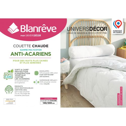 Couette Blanrêve Très Chaude 140 X 200 Cm Gamme "confort" Traité Anti Acarien Soft et Care