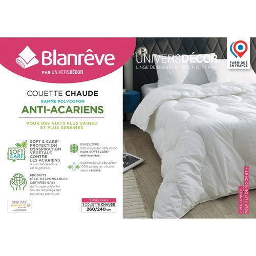 Couette Blanrêve Très Chaude 260 X 240 Cm Gamme "confort" Traité Anti Acarien Soft et Care