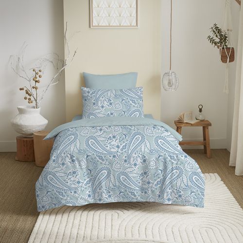 Pack Complet Housse De Couette Réversible Pour Lit 90 X 190 Cm Cachemire Bleu