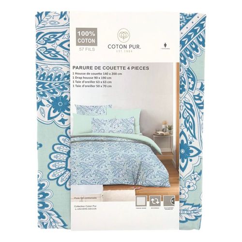 Pack Complet Housse De Couette Réversible Pour Lit 90 X 190 Cm Cachemire Bleu