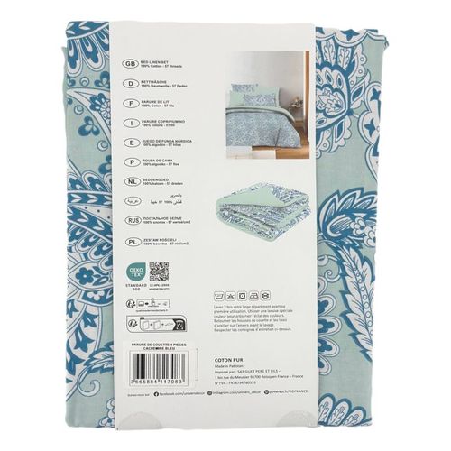 Pack Complet Housse De Couette Réversible Pour Lit 90 X 190 Cm Cachemire Bleu
