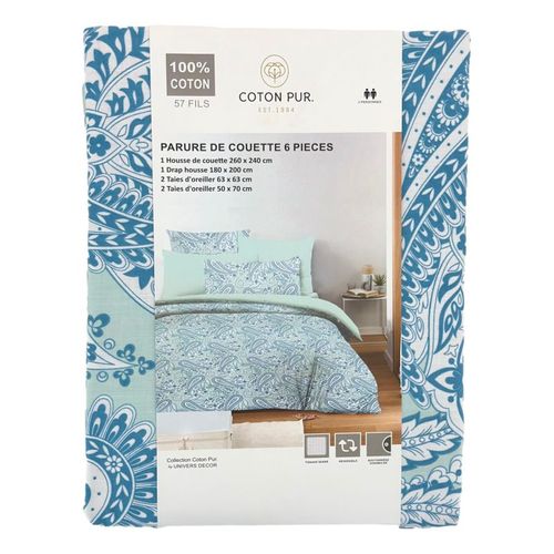 Pack Complet Housse De Couette Réversible Pour Lit 180 X 200 Cm "king Size" Cachemire Bleu