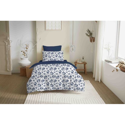 Pack Complet Housse De Couette Réversible "vanessa" 4 Pièces Pour Lit 90 X 190 Eloise Bleu