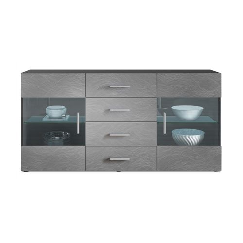 Buffet    Noir Mat  Façades En Aspect  Métal Rêche Avec LED  72 X 139 X 35