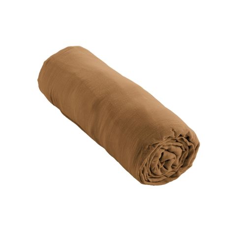 Drap Housse Double Gaze De Coton – Gaïa Camel – 180 X 200 Cm – Bonnet 30 Cm