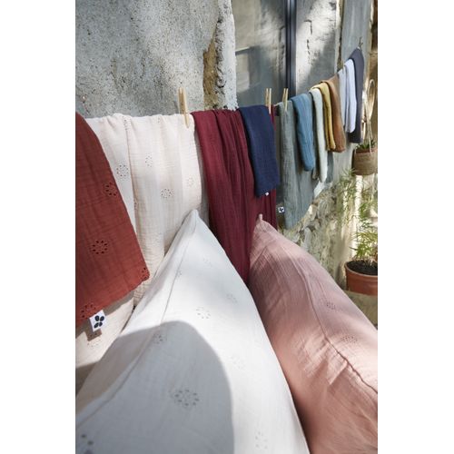 Taie D’oreiller Brodée 60 X 60 Cm – Gaze De Coton – Gaïa Boho Bleu Canard