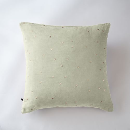 Taie D’oreiller 60 X 60 Cm – Gaze De Coton Brodée Fil Or – Gaïa Chic Vert D'eau