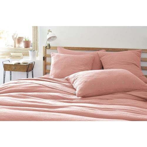 Taie D’oreiller Brodée 60 X 60 Cm – Gaze De Coton – Gaïa Boho Rose Pêche
