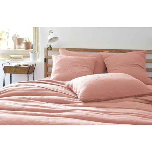 Taie D’oreiller 50 X 70 Cm – Gaze De Coton Brodée Fil Or – Gaïa Chic Rose Pêche