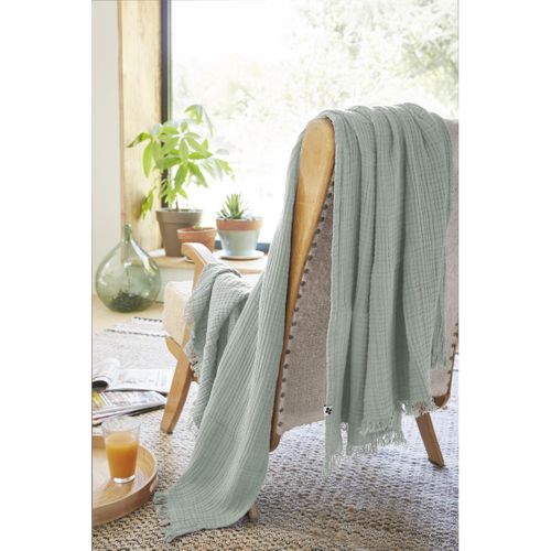 Plaid à Franges 180 X 220 Cm En Gaze De Coton Unie – Gaïa Eucalyptus