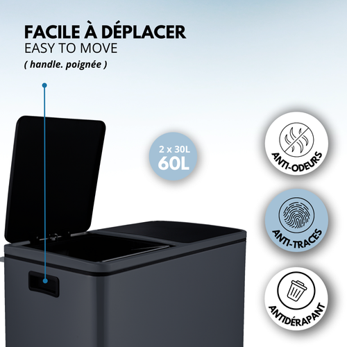 Poubelle De Cuisine Tri Sélectif Major Gris Acier Inoxydable 60l