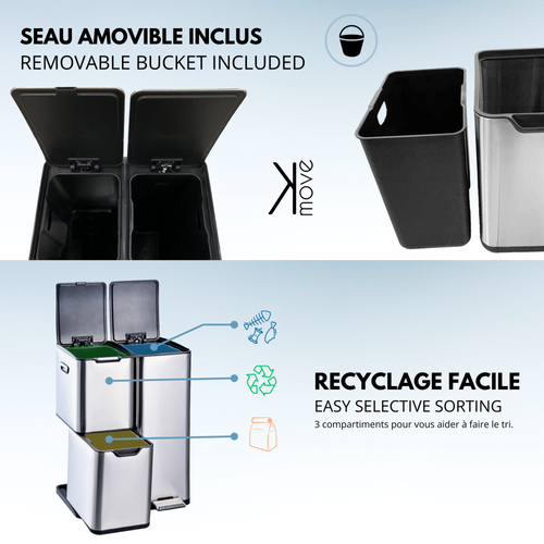 Poubelle De Cuisine Tri Sélectif Haja Argent Acier Inoxydable 60l