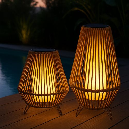 Lanterne Solaire Salomea Beige Rotin 30 X 30 X H 47cm