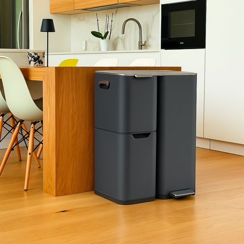 Poubelle De Cuisine Tri Sélectif Haja Gris Acier Inoxydable 60l