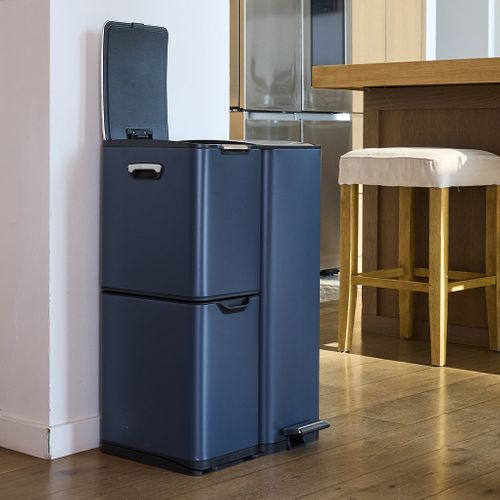 Poubelle De Cuisine Tri Sélectif Haja Gris Acier Inoxydable 60l