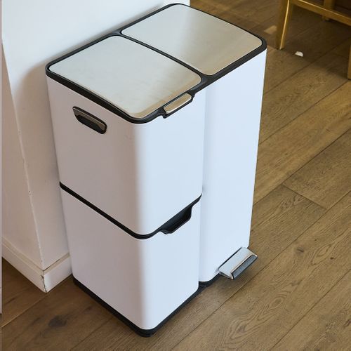 Poubelle De Cuisine Tri Sélectif Haja Blanc Acier Inoxydable 60l