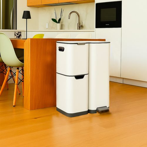 Poubelle De Cuisine Tri Sélectif Haja Blanc Acier Inoxydable 60l