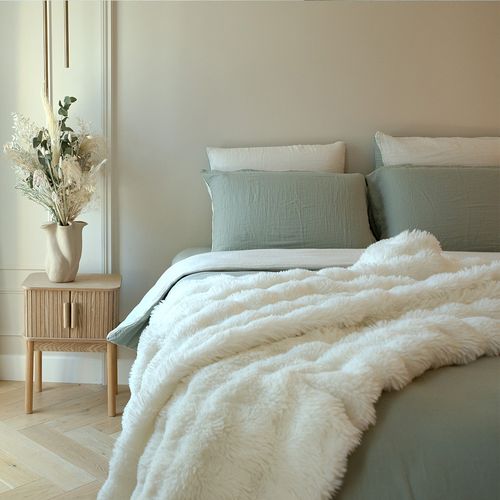 Lot 2 Taies D'oreiller Réversible Gaze De Coton Vert Sauge/écru 63x63 Cm