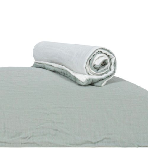 Lot 2 Taies D'oreiller Réversible Gaze De Coton Vert Sauge/écru 63x63 Cm