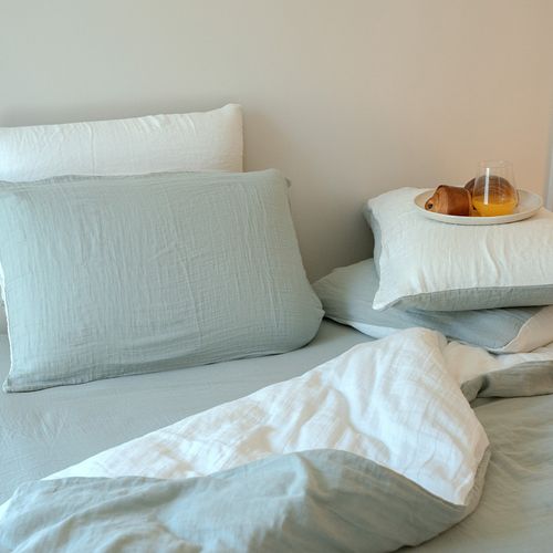 Housse De Couette Réversible Gaze De Coton Vert Sauge/écru 220x240 Cm