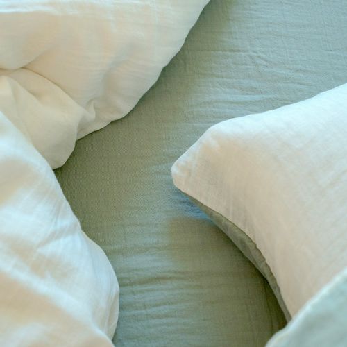 Parure De Lit Réversible 180 Cm Gaze De Coton Vert Sauge/écru
