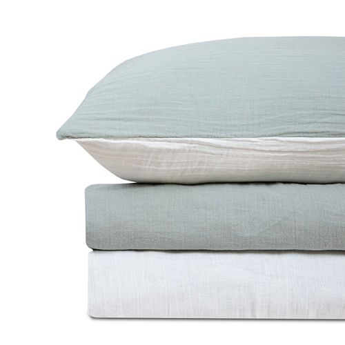 Parure De Lit Réversible 160 Cm Gaze De Coton Vert Sauge/écru