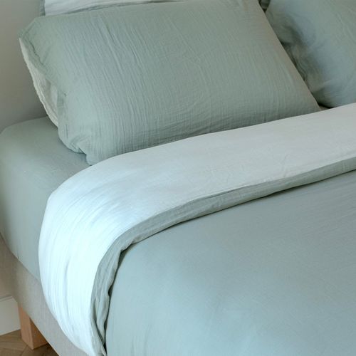 Parure De Lit Réversible 140 Cm Gaze De Coton Vert Sauge/écru