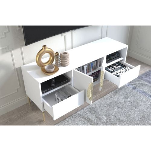 Meuble TV Bois Blanc Et Doré 136x40x60cm