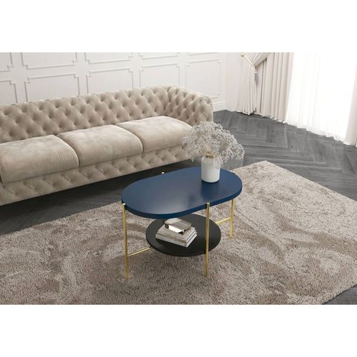 Table Basse Bois Bleu Marin, Base Noire Et Or 80x50x50cm